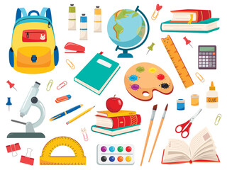 Set of school supplies: globe, paints, backpack, microscope, pencils, brushes, ruler, scissors, calculator, books, glue. Back to school concept.  Color vector illustration