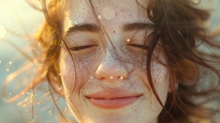A close-up of a Gen Z woman's face expressing joy and happiness