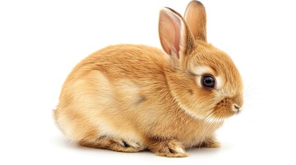 Obraz premium A Netherland Dwarf Rabbit with light brown fur and dark eyes, sitting peacefully, isolated on a white background.