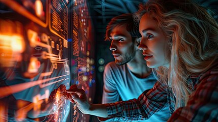 Fototapeta premium A Gen Z couple exploring a futuristic museum exhibit with interactive displays