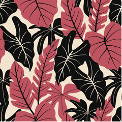 Abstract seamless tropical pattern with bright plants and leaves on a pastel background. Tropic leaves in bright colors. Summer colorful hawaiian seamless pattern with tropical plants.