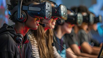 A diverse group of Generation Z students attending a virtual reality (VR) gaming event