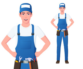 Handyman Character Illustration with Man wearing Blue Overalls Standing, Isolated on White Background Vector Illustration