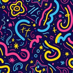 A few random symbols forming a playful swirl, pastel lavender background, neon colors, bold and eyecatching