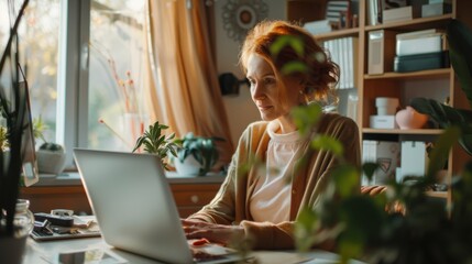 A businesswoman on a video call with international clients at her sleek home office demonstrating the seamless integration of technology and global business operations