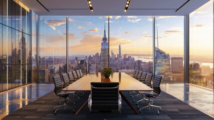 A conference room with large windows overlooking a metropolitan skyline where business leaders from different countries are engaged in a strategic planning session