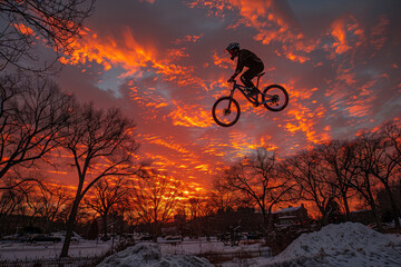 Obraz premium Thrilling BMX Jump Against Stunning Sunset Sky