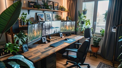 A modern home office setup for remote work, with a large desk, multiple screens, ergonomic chair, and personal touches like plants and photos, blending professionalism with a personalized workspace