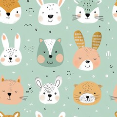 Animal faces in a minimalistic pattern, pastel mint background, sketch style, delicate and artistic