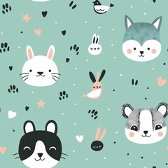 Animal faces in a scattered, minimalistic pattern, pastel mint background, sketch style, delicate and artistic