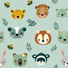 Fototapeta premium Animal faces in a minimalistic pattern, pastel mint background, sketch style, delicate and artistic