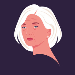 Portrait of an elderly woman. Avatar of a sad grandmother Politician. Vector flat illustration