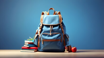 Full school backpack with books isolated on blue background with copy space. Back to School concept. digital ai art