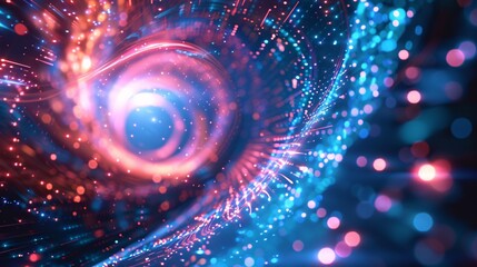 An abstract futuristic background with bright neon lights, intricate patterns, and a sense of motion, creating a visually stunning and dynamic scene that conveys a sense of innovation and technology