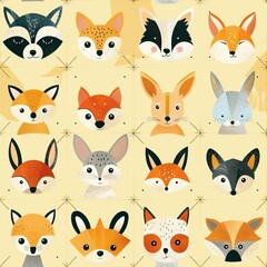 Limited animal faces in a geometric pattern, pastel yellow background, vintage illustration, retro and charming
