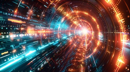 Fototapeta premium An abstract futuristic background with bright neon lights, intricate patterns, and a sense of motion, creating a visually stunning and dynamic scene that conveys a sense of innovation and technology