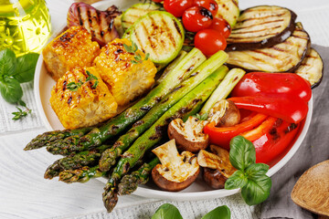 Assorted grilled vegetables on a plate, showcasing a colorful meal