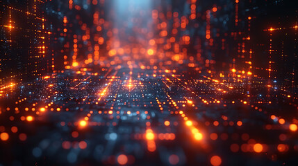 Abstract digital grid with vibrant orange lights and blue hues, representing modern technology and futuristic concepts.