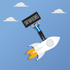 Successful businessman flying with rocket, new business, start up