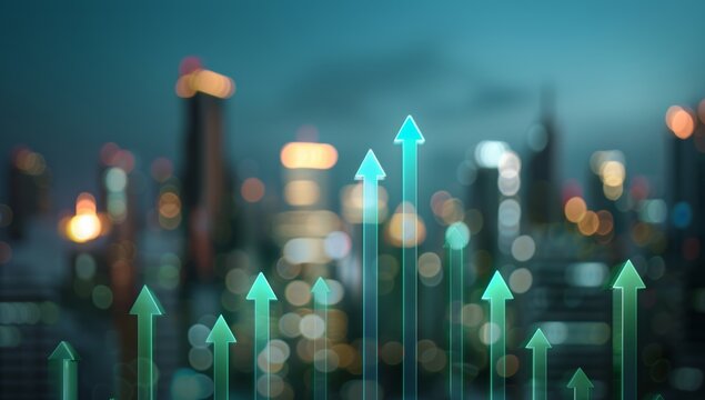 A background of green arrows pointing upwards, representing growth and progress in business or financial performance.