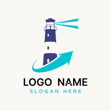 Logo design graphic concept creative premium vector stock arrow pillar light house with rays boat beach island Related building sailor drakness bright