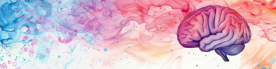 Obraz premium Abstract Colorful Watercolor Brain Splash: Creative Thinking Concept Illustration. Vibrant Imagination and Inspiration Visualization, Exploring Right Brain Development, Intelligence, and Memory. Perfe