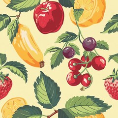 Limited seasonal fruits in a repeating pattern, pastel yellow background, vintage illustration, retro and charming