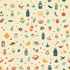 Limited symbols in a repeating pattern, pastel yellow background, vintage illustration, retro and charming