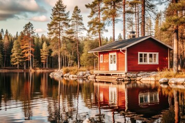 Obraz premium Finnish house on a lake in a pine forest, forest lake landscape, fisherman's house, sauna on the lake