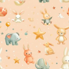 Limited toys in a scattered pattern, pastel peach background, fantasy style, whimsical and enchanting