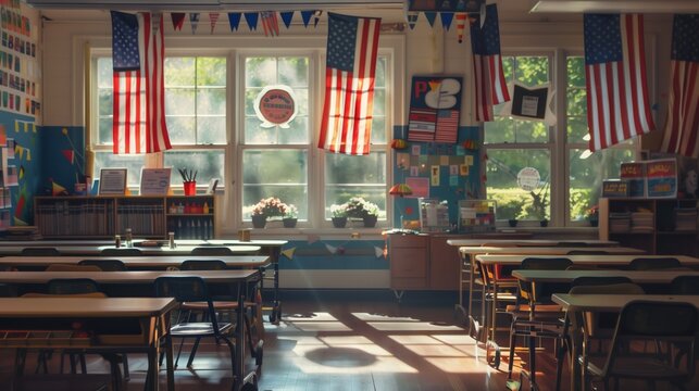  a classroom with American flag decorations on the wall 