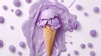 Multiple Flavored Tasty Ice Cream on a Single Cone with White Background and Flat Purple Blobs