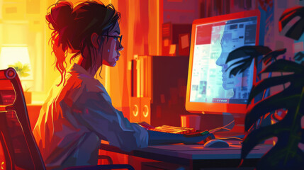 Obraz premium A professional woman upper body covered, typing in a beautifully backlit office, with plenty of room for text.