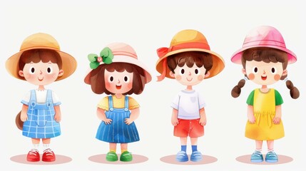 Charming watercolor kids from various nations in vibrant spring outfits, joyfully posing in a row. Perfect for diverse art themes