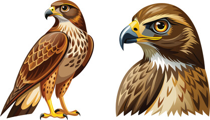 Two hawks with open beaks showing tongues looking right