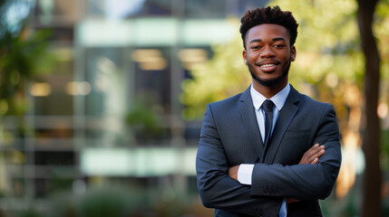 Fototapeta premium A recent graduate in a tailored suit posing outdoors, smiling warmly at the camera, with a blank space for text on the left.