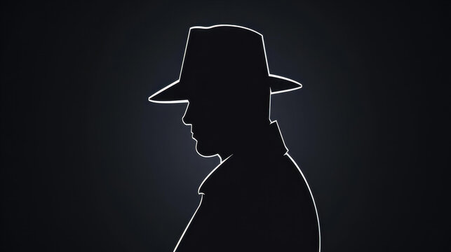 Mysterious noirstyle portrait of a faceless man in a coat and hat, evoking imagery from s detective films.
