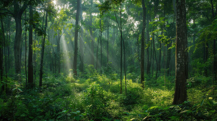 Fototapeta premium A serene forest with agarwood trees, sunlight filtering through the leaves