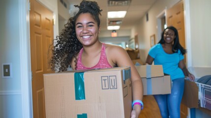 Student and Parent Moving Boxes into Dorm Room, smiling and working together