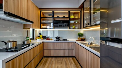 Fototapeta premium Modern kitchen with wooden cabinets, stylish lighting and contemporary design. Perfect for meal preparation and family gatherings. Compact and sleek design for a functional and chic home. AI