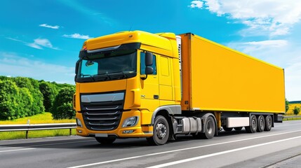 A yellow semi truck is driving down a road. The truck is large and has a trailer attached to it. The sky is blue and there are trees in the background