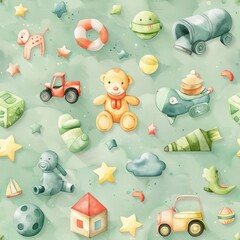 Scattered toys creating a fun pattern, pastel green backdrop, watercolor technique, cheerful and soft