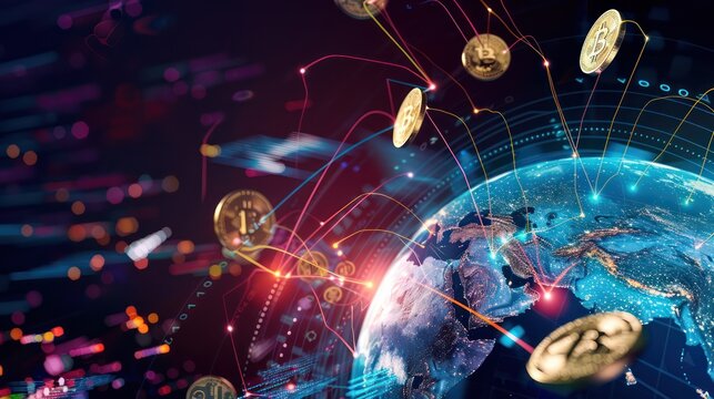 conceptual image of global capital flow, with streams of digital currency symbols pouring over a globe, highlighting major financial markets