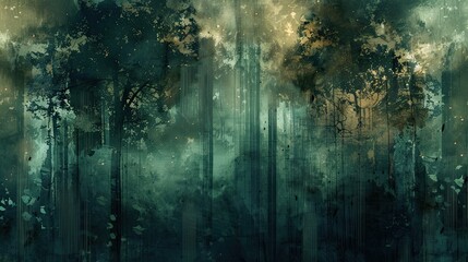 Naklejka premium Abstract wallpaper with green and brown strokes and mysterious trees