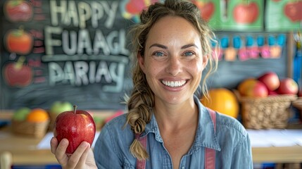 Fototapeta premium A teacher in a classroom, holding an apple and smiling, with a chalkboard behind her that says Happy Labor Day.