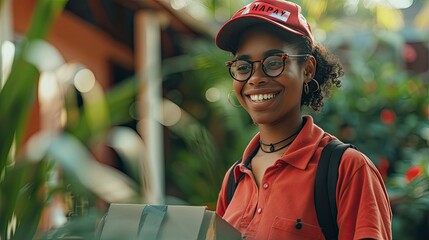 A postal worker delivering mail, with a Happy Labor Day sticker on their mailbag, smiling as they hand over a package.