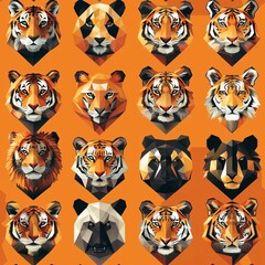 Fototapeta premium Sparse arrangement of animal faces creating a fun mosaic, pastel orange backdrop, digital art, crisp and dynamic