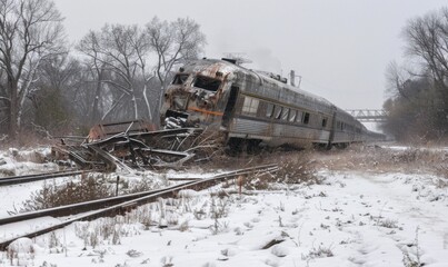 Catastrophic Convergence: Abstract Visualization of Natural Disasters and Train Derailment. Unpredictable Geological Hazards Collide with Transportation Mishaps, Illustrating the Fragility of Human In