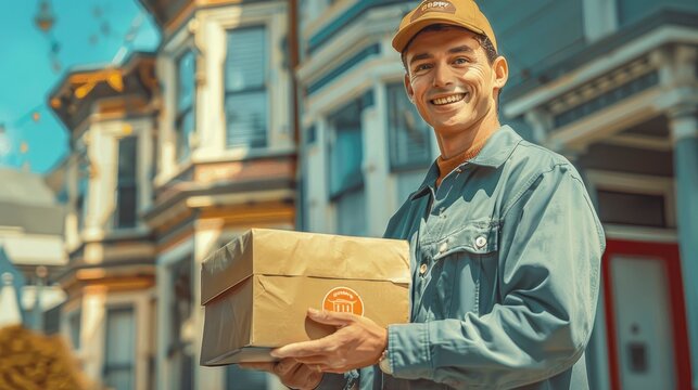 A postal worker delivering mail, with a Happy Labor Day sticker on their mailbag, smiling as they hand over a package.