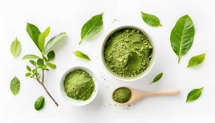 Obraz premium Green matcha powder in bowl, spoon and leaves isolated on white, top view